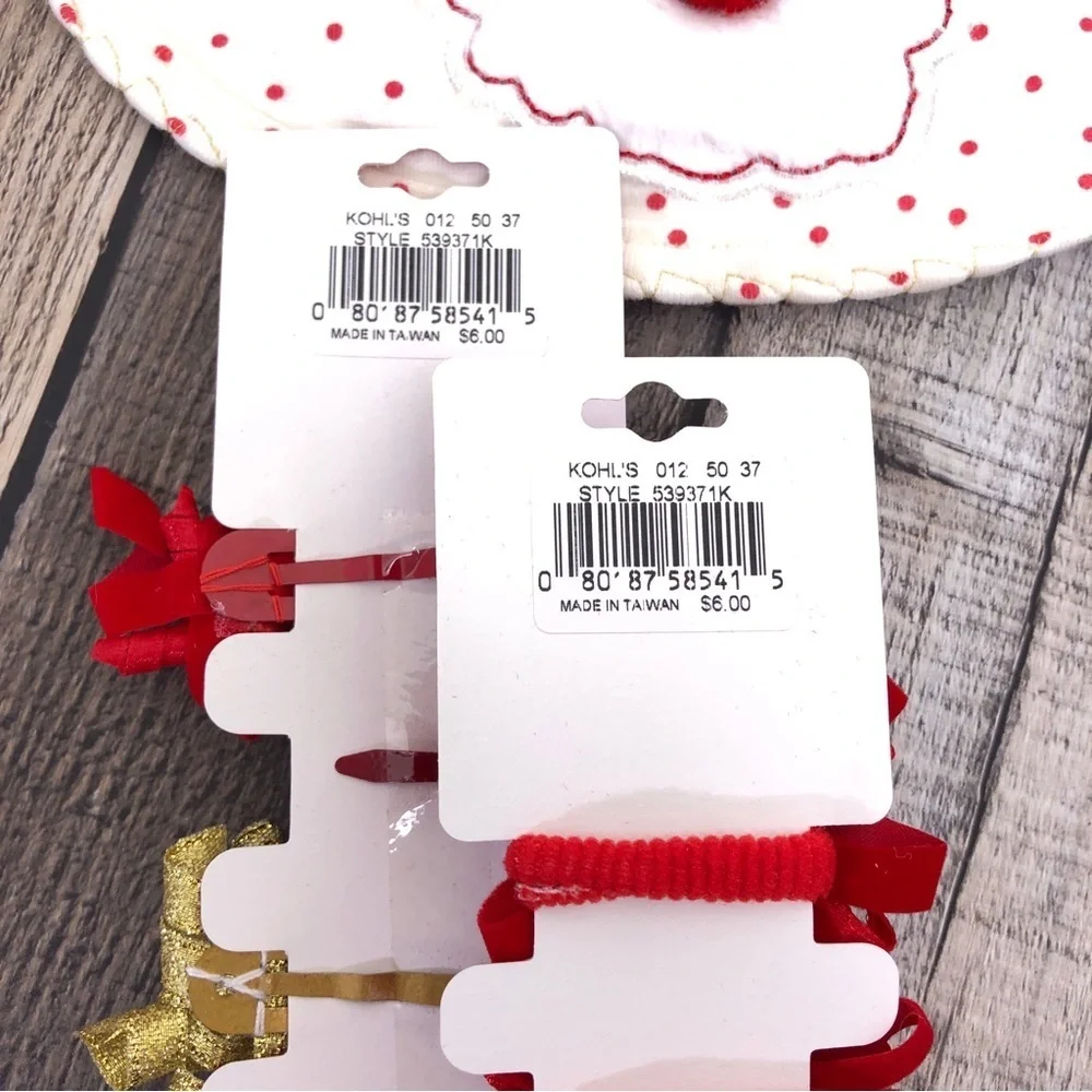 MUD PIE Cream Red Polka Dot Santa Claus Christmas Baby Bib NWT + Hair Tie Lot